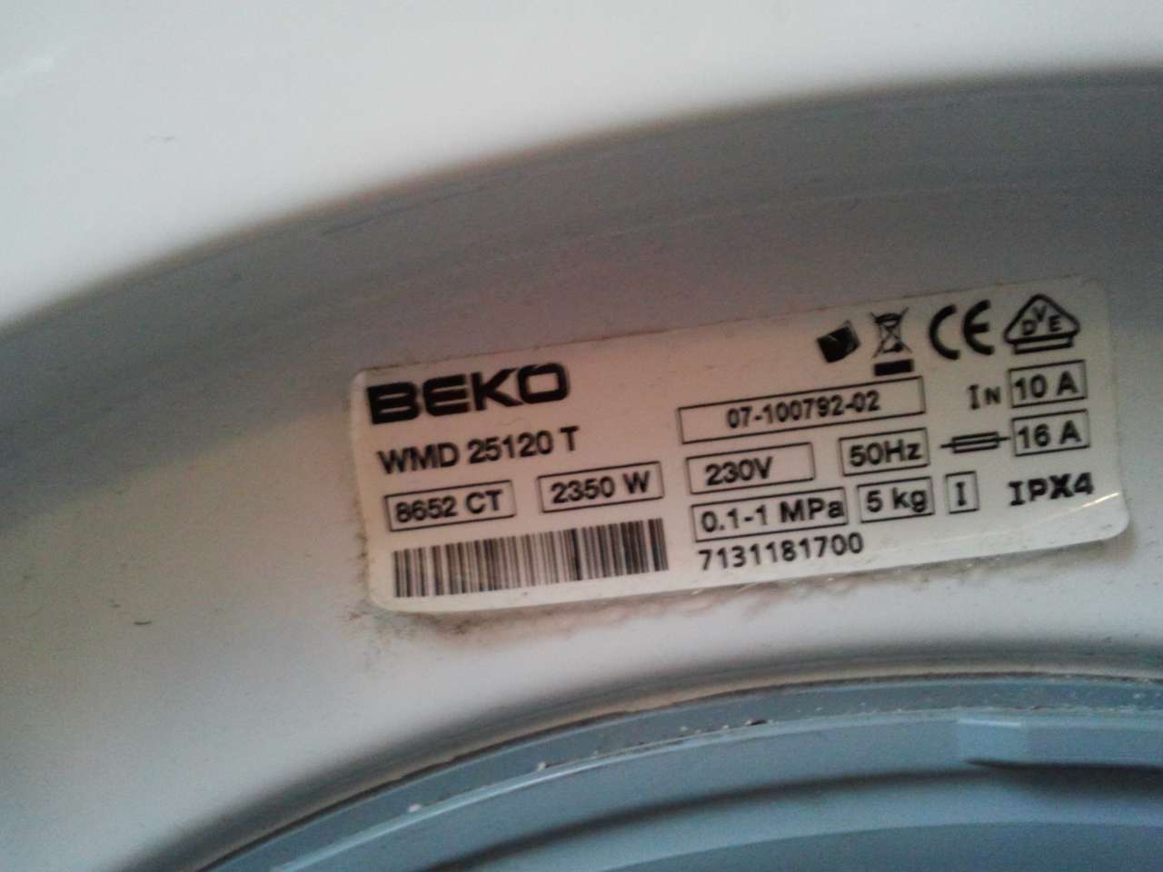 Beko WMD 25120 T 8652 CT 07-100792-02 7131181700 sticker
